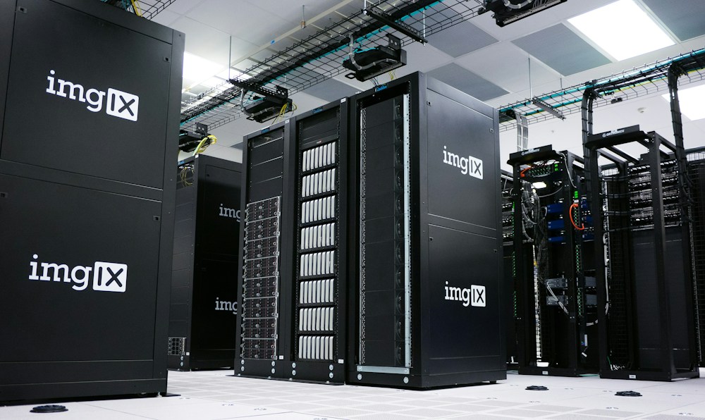 Rows of server racks in a data center